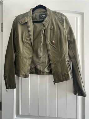 TCEC Olive Faux Leather Moto Jacket with Gold-Tone Hardware